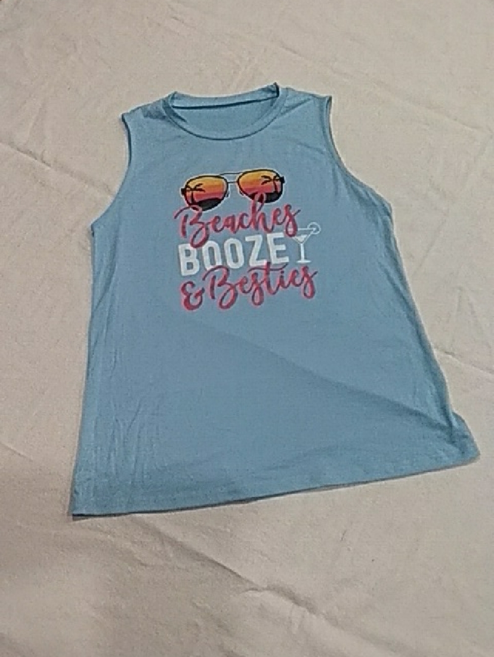 Light Blue Sleeveless Graphic Tank - "Beaches Booze & Besties"